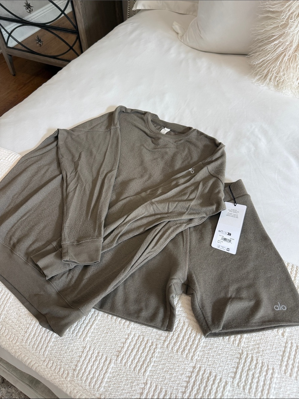 ALO Yoga Women's Olive Crewneck Sweatshirt and Shorts Set